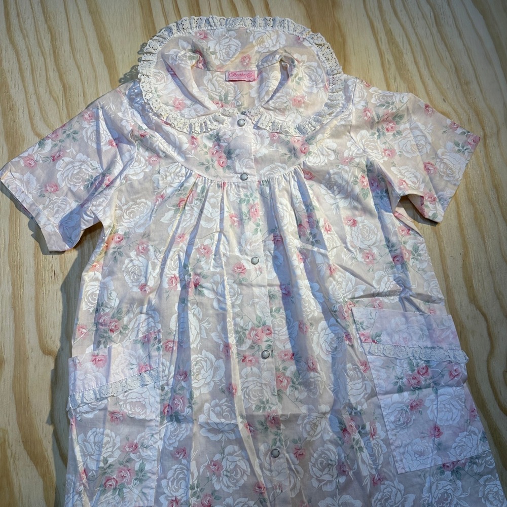 Heather Collection Womens Vintage Floral Nightgown Pink Snap Front House Dress S